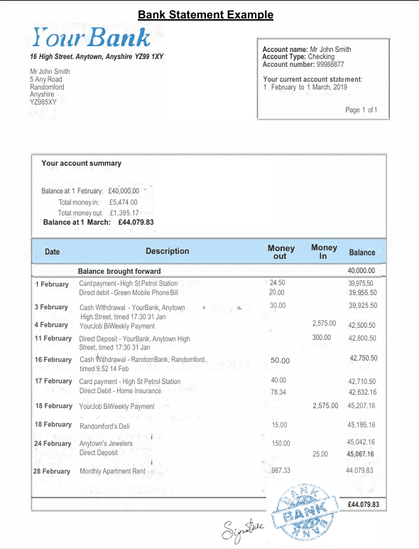 bankStatement sample document