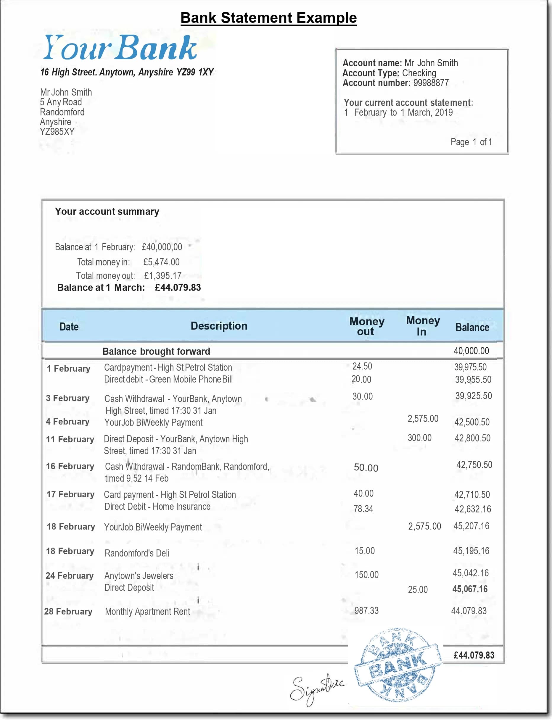 bankStatement sample document